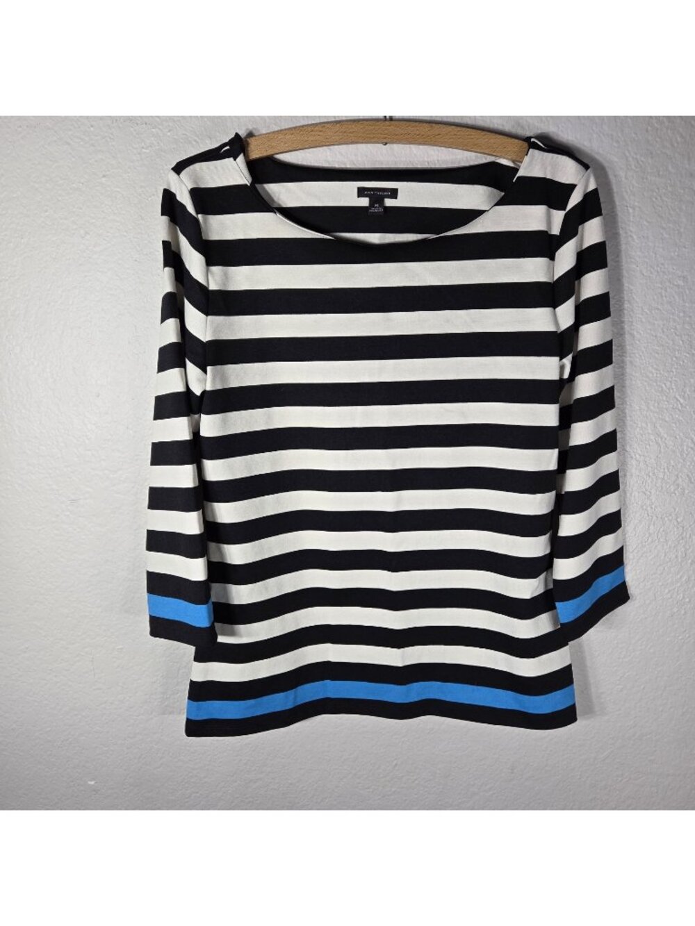 Ann Taylor 3/4 Sleeve Boatneck Sz M Top Blouse Stretch Wide Striped Black White